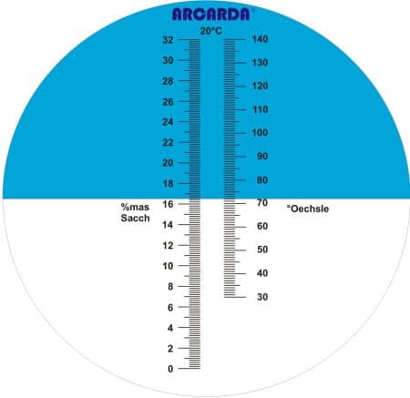 Wein Refraktometer 0-32% mas Sacch, Mostwaage 30-140°Oe